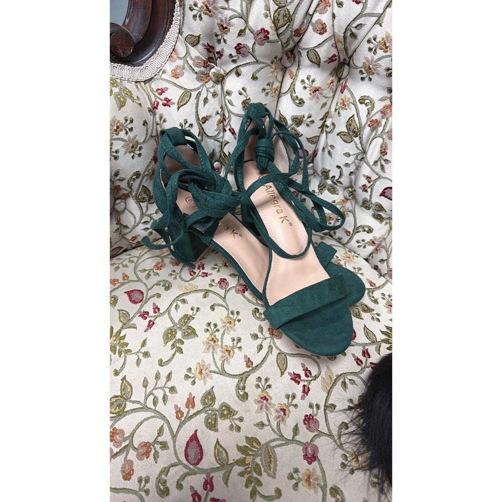 Allegra K Emerald Green Faux Suede Lace-Up Block Heel Sandals - size 8